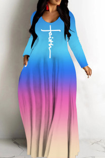 Blue Pink Casual Gradient Print Basic V Neck Long Dresses