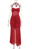 Red Sexy Solid Color Patchwork High Slit Ruched Halter Dresses