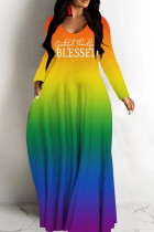 Orange Purple Casual Gradient Print Basic V Neck Long Dresses