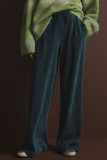 Ink Green Casual Solid Color Draw String Pocket Patchwork Loose Mid Waist Wide Leg Patchwork Bottoms