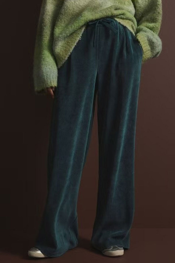 Ink Green Casual Solid Color Draw String Pocket Patchwork Loose Mid Waist Wide Leg Patchwork Bottoms