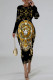 Black Casual Street Figure Print Chain print Contrast O Neck Printed Dresses