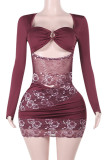 Burgundy Sexy Lace Hollow Out Patchwork Asymmetrical Collar Wrapped Skirt Dresses