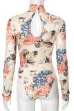 Red Sexy Print Hollow Out Patchwork O Neck Skinny Bodysuits