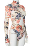 Red Sexy Print Hollow Out Patchwork O Neck Skinny Bodysuits