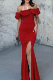 Red Elegant Solid Color Patchwork Backless High Slit Off Shoulder Long Dresses