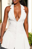 White Sexy Casual Solid Color Buttons Backless Halter Sleeveless Dresses