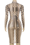 Black Sexy Print Hollow Out Patchwork O Neck Wrapped Skirt Dresses