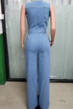 Light Blue Casual Solid Color Pocket Patchwork Strap Design Zipper Zipper Collar Loose Denim Jumpsuits