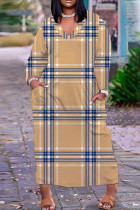 Light Yellow Casual Striped Print Pocket V Neck Long Plus Size Dresses