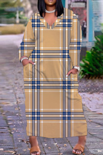Light Yellow Casual Striped Print Pocket V Neck Long Plus Size Dresses