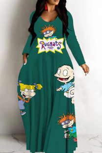 Green Casual Cartoon Print Basic V Neck Long Dresses