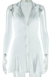 White Sexy Casual Solid Color Buttons Backless Halter Sleeveless Dresses