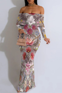 Multicolor Sexy Floral Print Fishtail Off Shoulder Fishtail Dresses