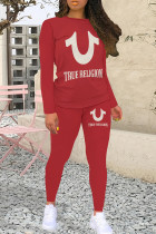 Red White Casual Letters Patchwork O Neck Long Sleeve Two Pieces
