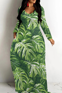 Green Casual Print Patchwork U Neck Long Dresses