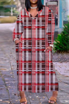 Red Casual Striped Print Pocket V Neck Long Plus Size Dresses