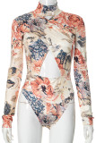 Red Sexy Print Hollow Out Patchwork O Neck Skinny Bodysuits
