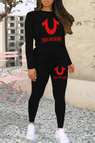 Black Red Casual Letters Patchwork O Neck Long Sleeve Two Pieces