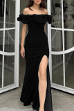 Red Elegant Solid Color Patchwork Backless High Slit Off Shoulder Long Dresses