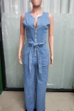 Light Blue Casual Solid Color Pocket Patchwork Strap Design Zipper Zipper Collar Loose Denim Jumpsuits