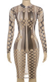 Black Sexy Print Hollow Out Patchwork O Neck Wrapped Skirt Dresses