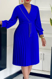 Colorful Blue Elegant Solid Color Patchwork Zipper Pleated V Neck Long Dresses