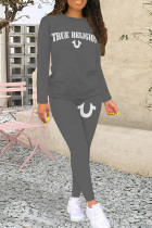 Gray White Casual Letters Patchwork O Neck Long Sleeve Two Pieces