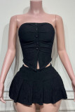 Black Sexy Solid Color Buckle Patchwork Backless Strapless Sleeveless Two Pieces