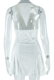 White Sexy Casual Solid Color Buttons Backless Halter Sleeveless Dresses