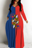 Burgundy Casual Print Basic V Neck Long Dresses