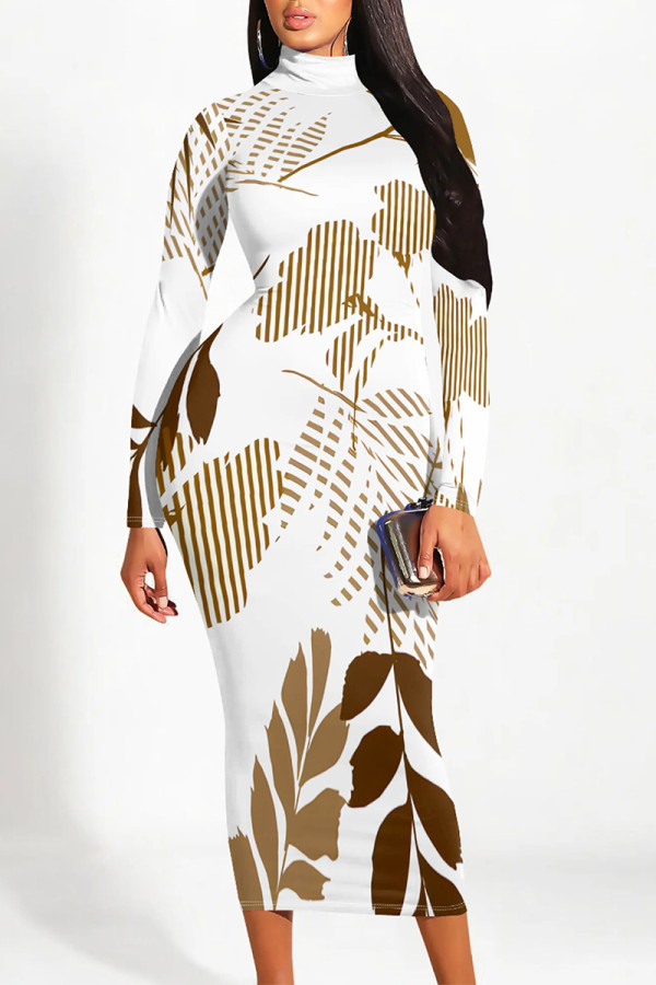 White Casual Street Floral Print Contrast Half A Turtleneck Printed Dresses