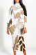White Casual Street Floral Print Contrast Half A Turtleneck Printed Dresses