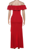 Red Elegant Solid Color Patchwork Backless High Slit Off Shoulder Long Dresses