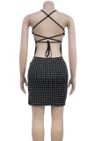 Black Sexy Solid Color Patchwork Backless Hot Drill Spaghetti Strap Sling Dresses