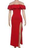 Red Elegant Solid Color Patchwork Backless High Slit Off Shoulder Long Dresses