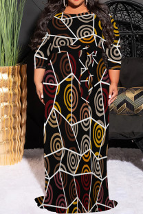 Black Casual Print Patchwork O Neck Long Plus Size Dresses