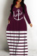 Fuchsia Casual Striped Print Basic V Neck Long Dresses