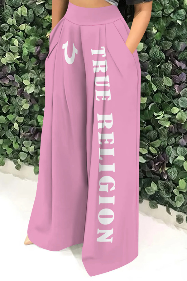 Pink Casual Street Letter Print Pocket Loose High Waist Wide Leg Positioning Print Bottoms
