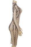 Black Sexy Print Hollow Out Patchwork O Neck Wrapped Skirt Dresses