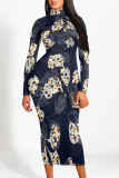 Black And White Casual Street Floral Print Contrast Half A Turtleneck Printed Dresses