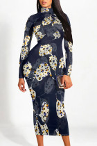 Navy Blue Casual Street Floral Print Contrast Half A Turtleneck Printed Dresses