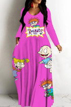 Rose Red Casual Cartoon Print Basic V Neck Long Dresses
