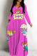 Rose Red Casual Cartoon Print Basic V Neck Long Dresses