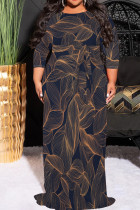 Tibetan Blue Casual Print Patchwork Strap Design O Neck Long Plus Size Dresses