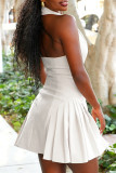 White Sexy Casual Solid Color Buttons Backless Halter Sleeveless Dresses