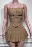 Black Sexy Solid Color Buckle Patchwork Backless Strapless Sleeveless Two Pieces