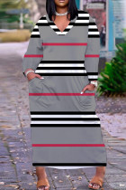Grey Casual Striped Print Pocket V Neck Long Plus Size Dresses