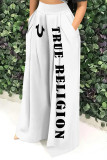 White Casual Street Letter Print Pocket Loose High Waist Wide Leg Positioning Print Bottoms