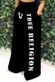 White Casual Street Letter Print Pocket Loose High Waist Wide Leg Positioning Print Bottoms